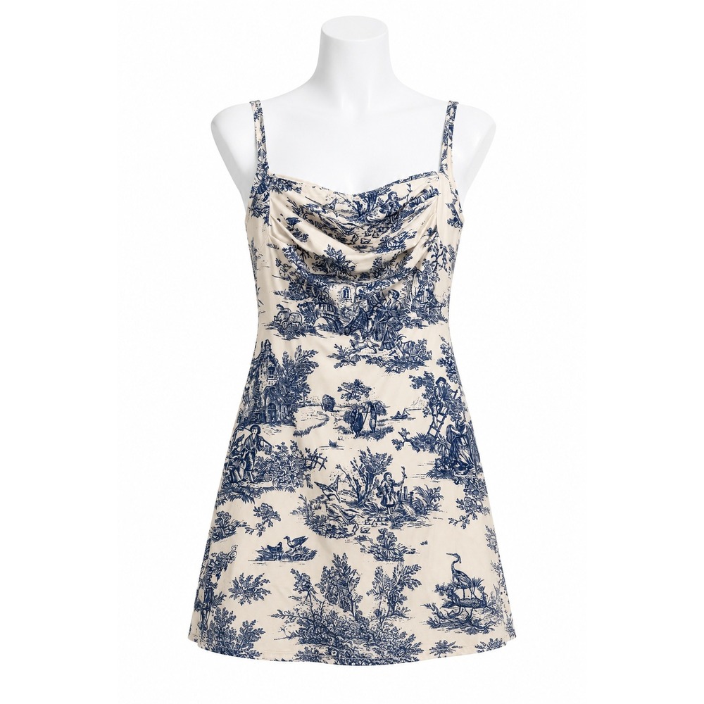 Cider Womens Mini Dress Blue Toile Print Cowl Neck Sleeveless Small